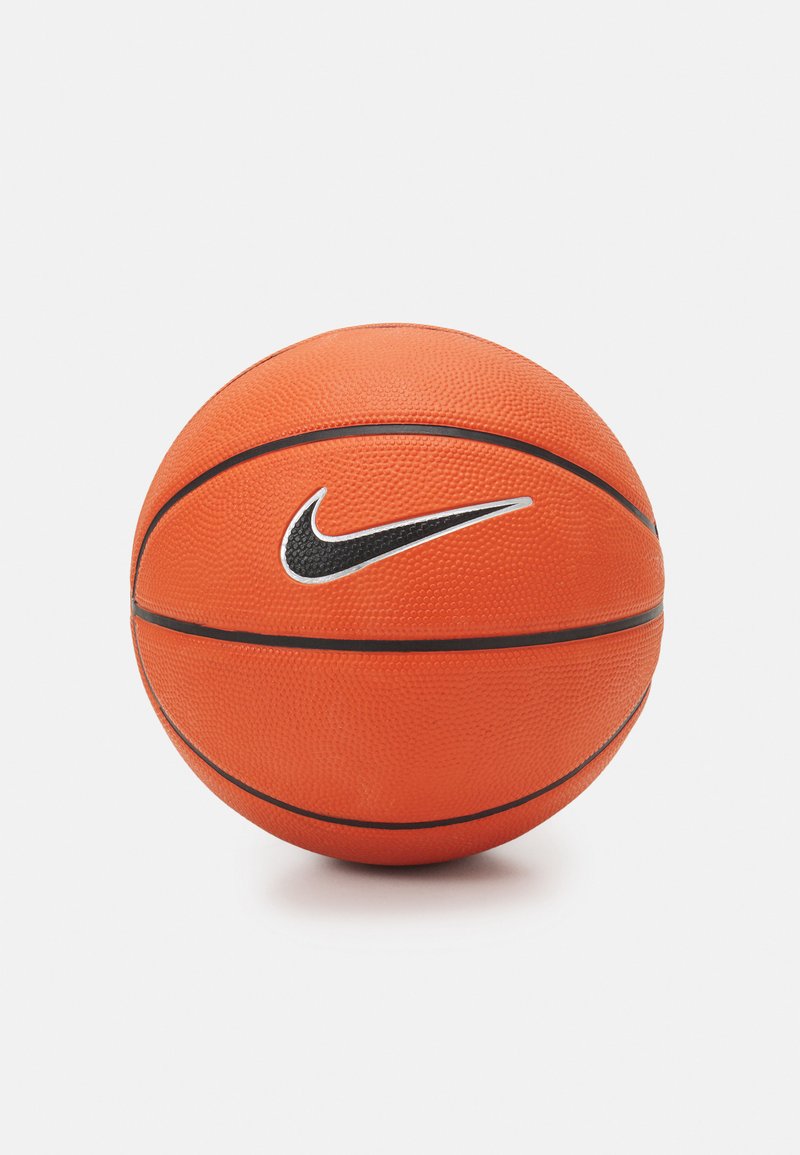 Orange basketball with a textured surface, featuring black accents and a white Nike logo on one side, circular shape.