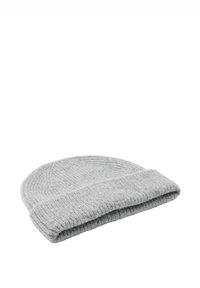 Szara dzianinowa czapka z podwiniętym mankietem, z fakturą prążkowaną i miękkim materiałem z mieszanki wełny. Lekka konstrukcja, odpowiednia na chłodniejsze dni.