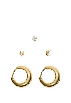 Päť náušníc s puzetou a dve malé zlaté kruhové náušnice, vrátane vzorov hviezdy, polmesiaca a číreho kamienka na bielom pozadí.