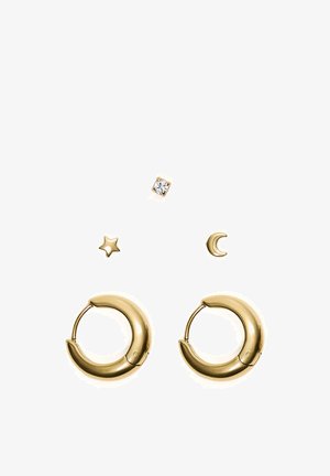 Päť náušníc s puzetou a dve malé zlaté kruhové náušnice, vrátane vzorov hviezdy, polmesiaca a číreho kamienka na bielom pozadí.