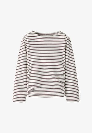 Top de manga larga a rayas en color blanco roto y burdeos. Presenta un escote amplio y un detalle fruncido en el lateral, confeccionado con tela suave.