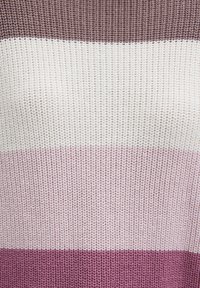 Knit sweater featuring horizontal stripes in dark brown, white, light pink, and deep pink shades; textured and breathable fabric.