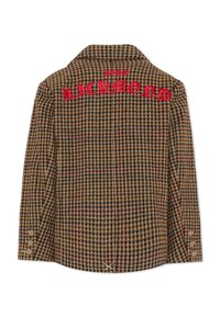 Bruine en zwarte houndstooth jasje met rode "John Richmond" borduring op de achterkant, met knoopmanchetten en een puntige kraag.