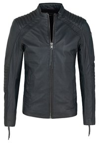 Giubbotto da moto in pelle nera con colletto alto, chiusura con zip, accenti a coste sulle spalle e maniche aderenti. Texture liscia in tutto il capo.