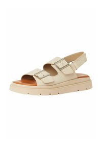Beige sandal with two adjustable straps and silver buckles. Platform sole, open toe design, and a smooth texture.