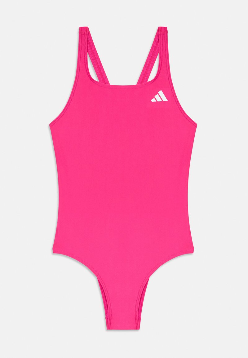 Maillot de bain une pièce rose vif avec bretelles doubles et petit logo Adidas blanc sur la poitrine, sur fond blanc.