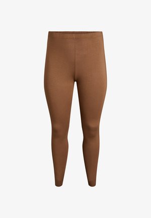 Ruskeat leggingsit, jotka on valmistettu sileästä, joustavasta kankaasta ja joissa on joustava vyötärönauha sekä istuva malli. Sopivat aktiiviseen tai rentoon käyttöön.