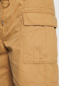 Shorts cargo de couleur marron clair, fabriqués en tissu durable. Dotés d'une poche latérale, de détails de couture et d'une coupe décontractée.