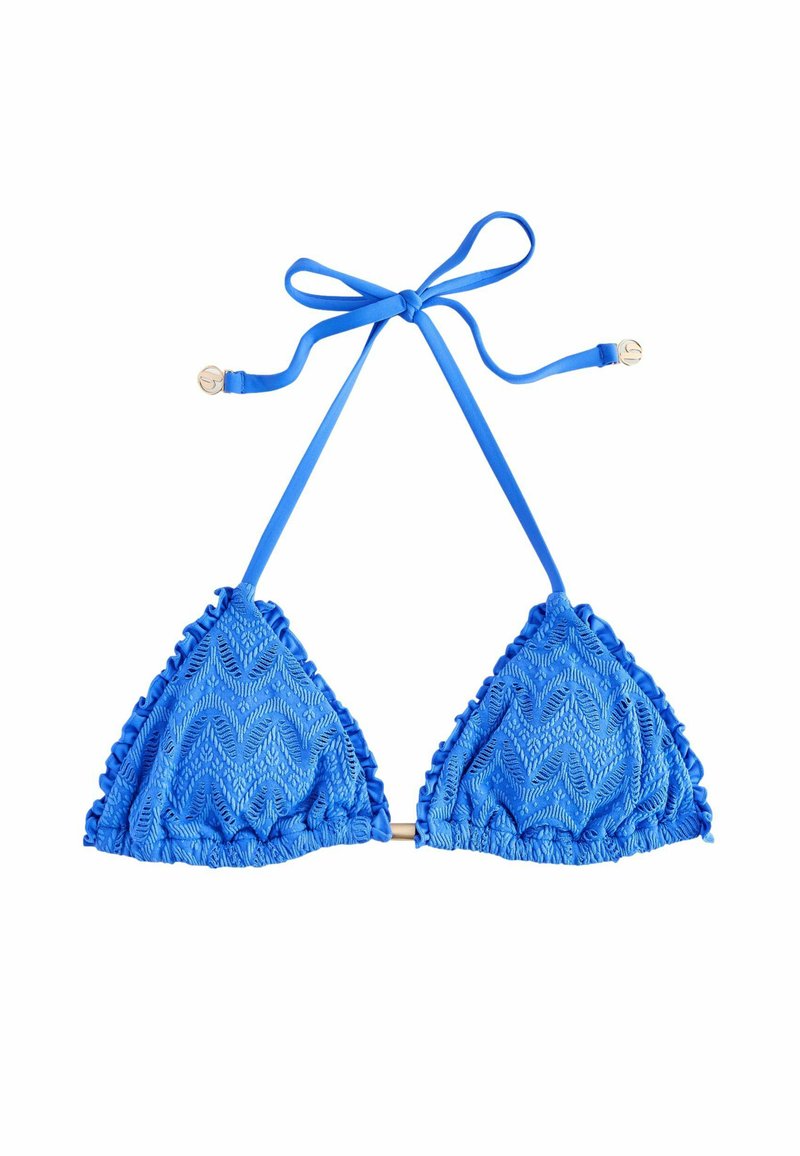 Ryškiai mėlynas bikini viršus su trikampiais puodeliais, tekstūruota danga, ruffled kraštai ir reguliuojamos raišteliai. Apdailinta auksinės spalvos akcentais.