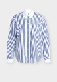 Camicia a righe in cotone blu e bianco. Presenta una chiusura frontale con bottoni, maniche lunghe e un colletto bianco. Include una tasca sul petto.