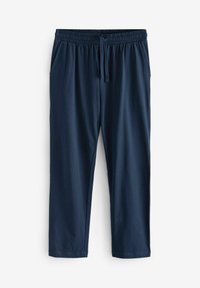 Navyblauwe joggerbroek van katoenmix met een elastische tailleband, trekkoord en zijzakken, met een gladde textuur en rechte pijpen.