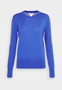 Blauer gestrickter Pullover mit langen Ärmeln, rundem Ausschnitt und strukturierter Oberfläche. Verfügt über einen gerippten Saum und Bündchen. Einfaches und figurbetontes Design.
