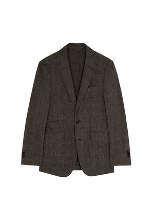 Blazer marrón texturizado con dos bolsillos frontales, solapas acanaladas, cierre de un botón y un patrón de cuadros sutil.