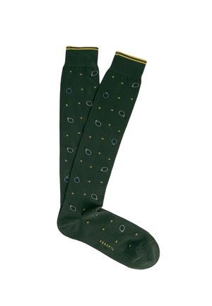 Calze al ginocchio di un verde scuro con motivi circolari multicolori e accenti dorati. Realizzate in un tessuto morbido, presentano un bordo superiore giallo in contrasto.