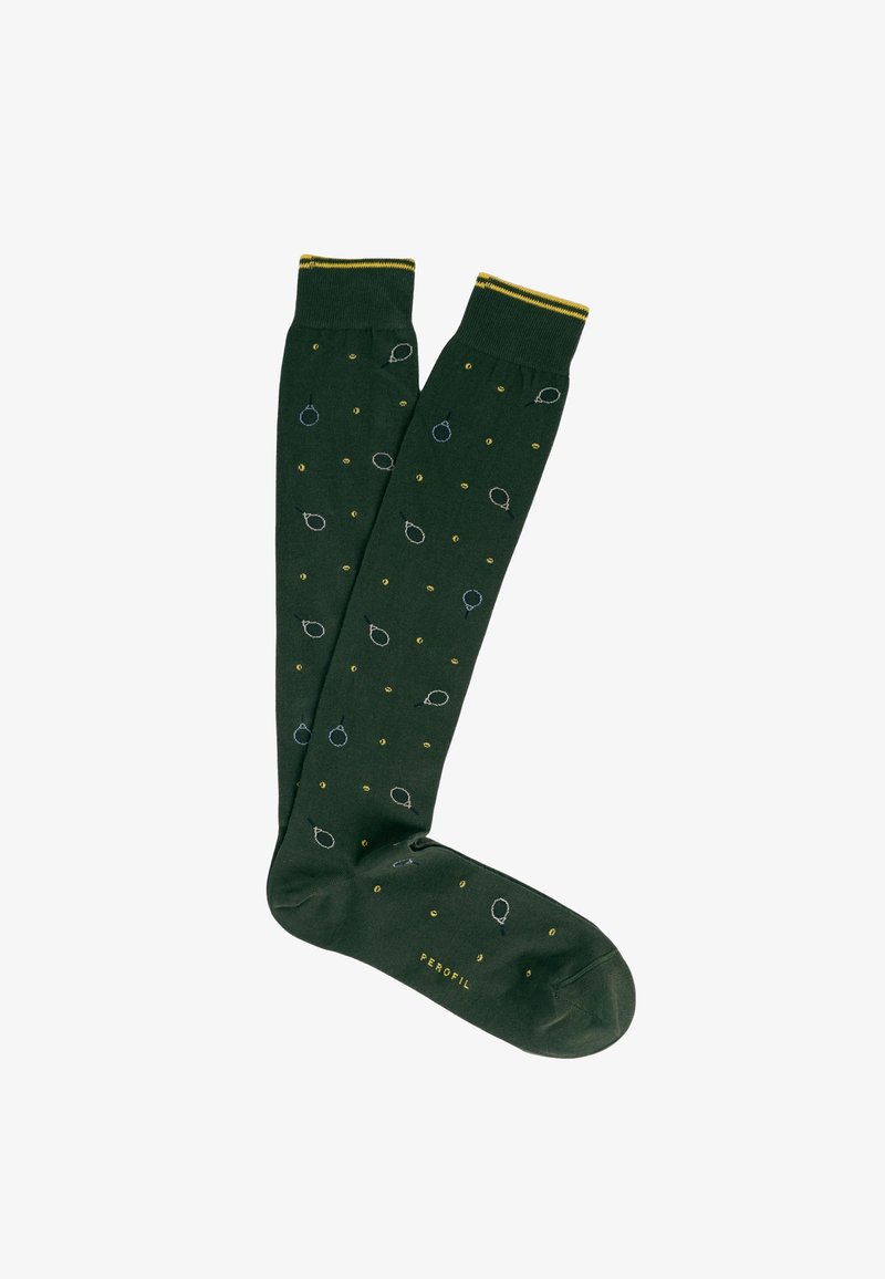 Calze al ginocchio di un verde scuro con motivi circolari multicolori e accenti dorati. Realizzate in un tessuto morbido, presentano un bordo superiore giallo in contrasto.