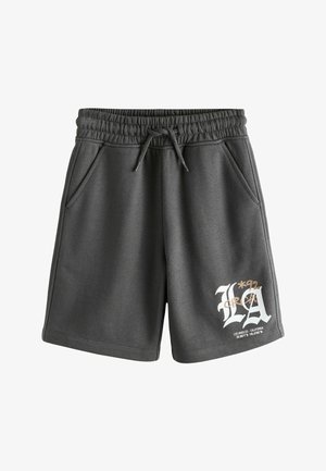 Oglekļa pelēkas kokvilnas šorti ar elastīgu jostu un auklu, sānu kabatām un baltu un bēša "LA" grafiku ar koordinātēm uz kreisās kājas.