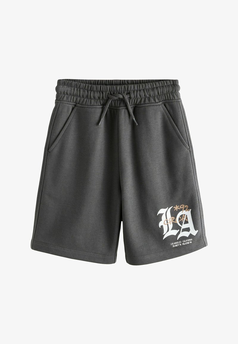 Medvilniniai šortai anglies pilkos spalvos su elastine liemene ir raišteliu, šoninėmis kišenėmis bei baltu ir rudu "LA" grafiniu elementu su koordinatėmis kairėje kojinėje.
