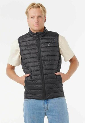 Blond man wearing a black quilted sleeveless vest over a light beige shirt, with hands in vest pockets, standing against a white background.