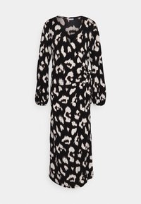 Svart klänning med vitt djurmönster, omslagsdesign, långärmade och med en knytning i midjan. Tillverkad av strukturerad, lättviktsmaterial.