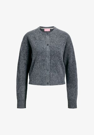 Cardigan grigio in lana con collo rotondo, chiusura con bottoni e maniche lunghe. Presenta polsini e orlo a costine, texture morbida e un design cropped.