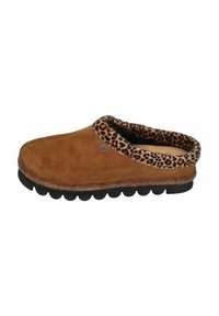 Brown suede clog with a leopard print faux fur collar, rounded toe, and a textured black rubber sole featuring circular tread patterns.