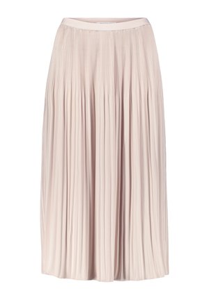 Gonna midi plissettata in morbido tessuto rosa chiaro con vita elasticizzata. Presenta pieghe verticali per una silhouette fluida e una texture liscia.