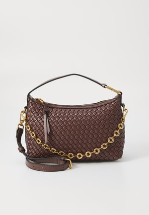 Woven brown leather handbag with gold chain accents and a detachable strap. Features a zip closure and a textured pattern.