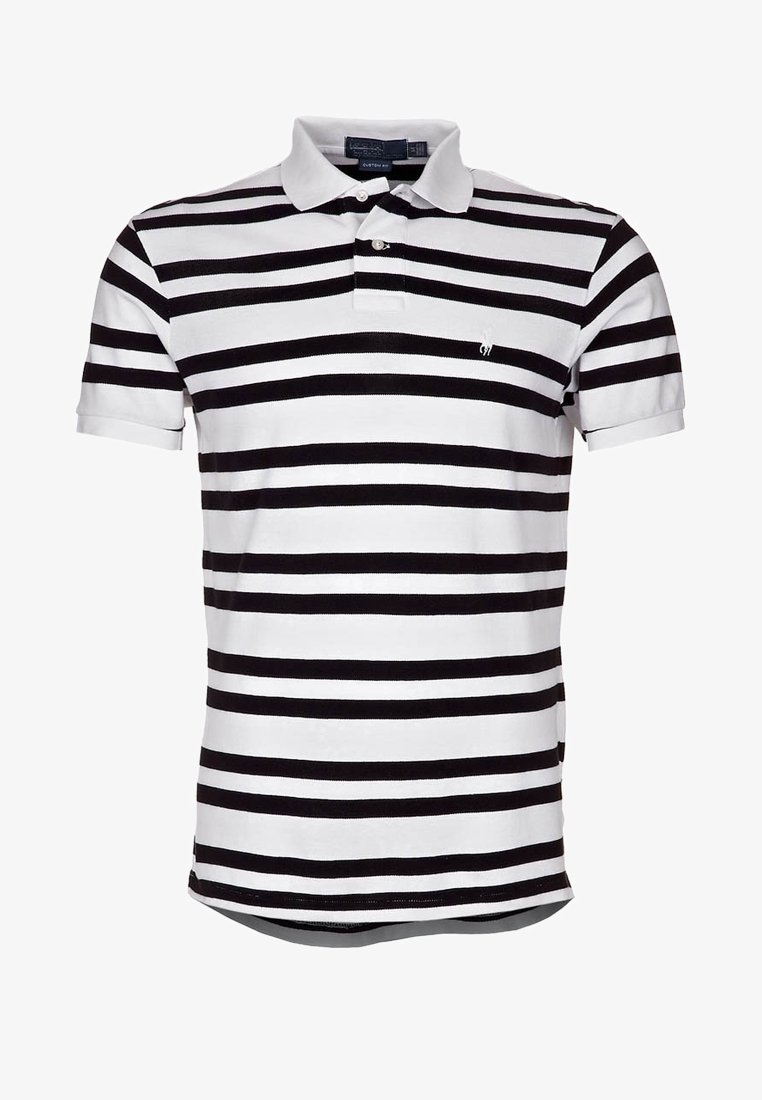 Polo blanc à manches courtes avec des rayures horizontales noires et deux boutons au col.