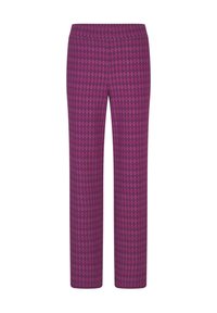 Paarse rechte broek met een overal klein diamantenpatroon in tinten van roze en donkerpaars.