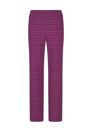 Lila gerade geschnittene Hosen mit einem durchgehenden kleinen Diamantmuster in verschiedenen Pink- und Dunkellilatönen.