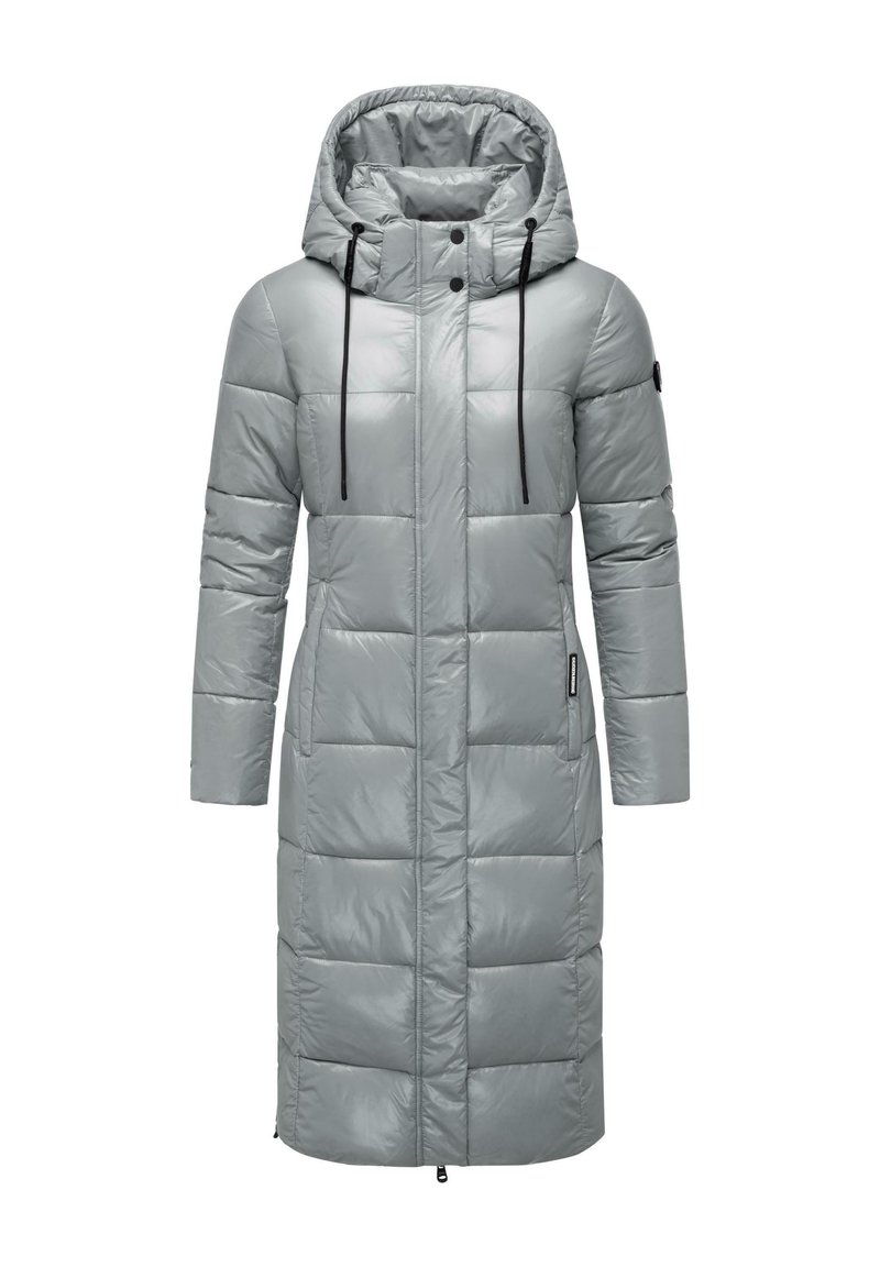 Lys grå, polstret lang frakke med hætte, der har en kviltet design, sorte snoretræk og sidelommer. Glat, skinnende overflade.