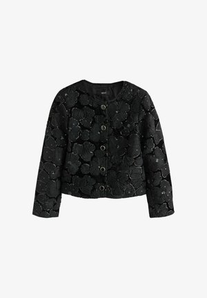 Black jacket with floral embroidery, round neckline, and two circular buttons. Soft texture with sequins and raised floral patterns.