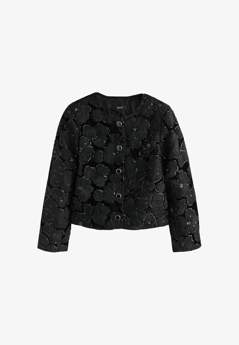 Black jacket with floral embroidery, round neckline, and two circular buttons. Soft texture with sequins and raised floral patterns.