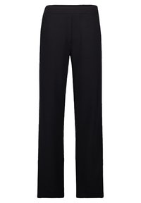 Pantalons larges noirs avec une texture lisse, ceinture élastique et poches latérales ; conçus pour le confort et la polyvalence.