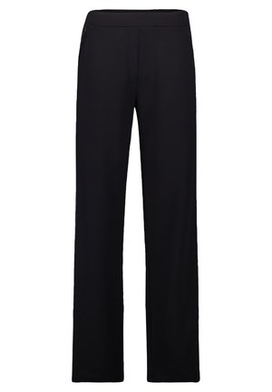 Black, wide-leg pants with a smooth texture, elastic waistband, and side pockets; designed for comfort and versatility.