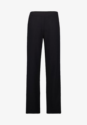 Czarne, szerokie spodnie o gładkiej fakturze, z elastyczną talią i bocznymi kieszeniami; zaprojektowane z myślą o komforcie i wszechstronności.