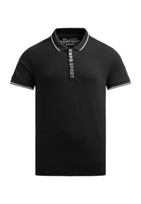 Polo negro de algodón, con un cuello y puños a rayas blancas, una placket con botones con la etiqueta "CMPD SPORT" y mangas cortas.