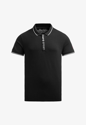 Czarny polo z bawełny, z białymi paskami na kołnierzyku i rękawach, zapięciem na guziki z metką "CMPD SPORT" oraz krótkimi rękawami.