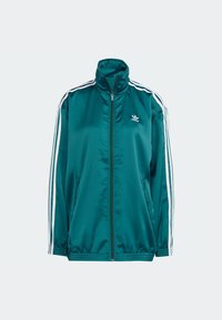 Teal satin jacket with a high collar, full zip, white side stripes, and logo on the chest. Features two side pockets and elastic cuffs.