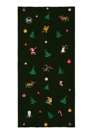 Tissu vert foncé avec un motif de sapins de Noël, ornements, cannes en sucre d'orge, Père Noël, rennes en ski, bonhommes de neige, pain d'épices, lutin et chaussettes de Noël.
