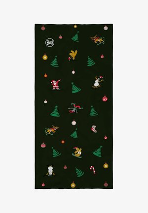 Tela verde oscura con patrón de árboles de Navidad, adornos, bastones de caramelo, Papá Noel, renos esquiando, muñecos de nieve, galletas de jengibre, duende y calcetines navideños.