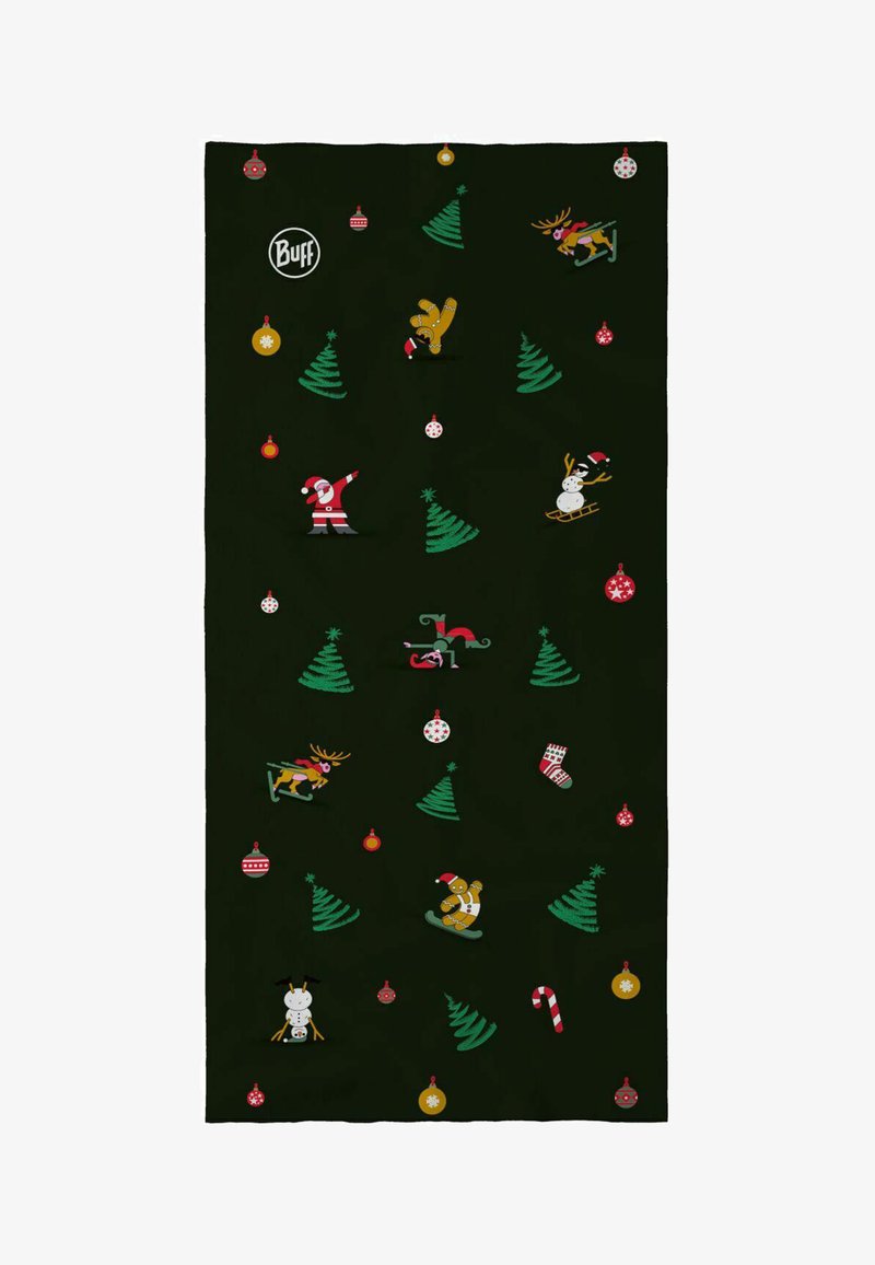 Tissu vert foncé avec un motif de sapins de Noël, ornements, cannes en sucre d'orge, Père Noël, rennes en ski, bonhommes de neige, pain d'épices, lutin et chaussettes de Noël.
