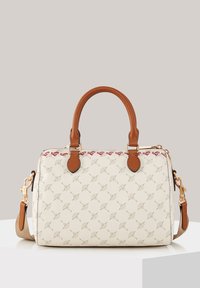 Borsa a mano crema con un sottile motivo dorato, manico in pelle marrone e dettagli in pelle. Presenta cuciture rosa e una tracolla rimovibile.