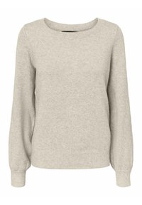 Pull en maille gris clair avec un col rond, de longues manches bouffantes et des bords côtes aux poignets et à l'ourlet. Texture douce et design simple.