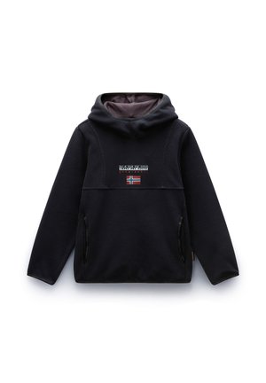 Sweat à capuche noir en polaire avec un col haut, logo brodé sur la poitrine et un petit drapeau norvégien. Dispose de deux poches zippées sur les côtés.