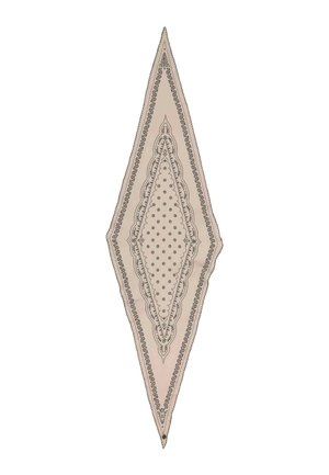 Beige diamond-shaped scarf with black intricate floral and paisley border patterns and dotted center design.