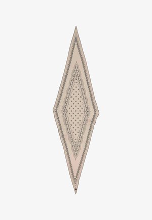 Beige diamond-shaped scarf with black intricate floral and paisley border patterns and dotted center design.