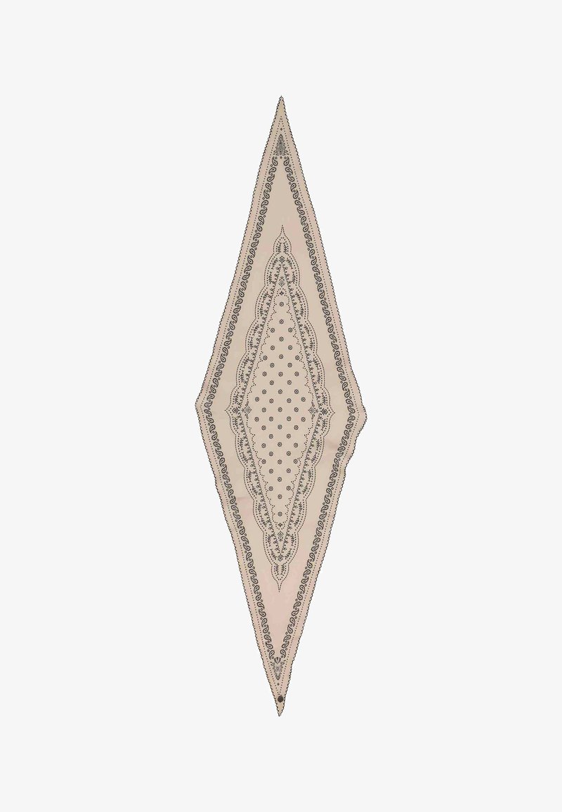 Bézs, gyémánt alakú sál fekete, részletes virág- és paisley mintás szegéllyel, valamint pöttyözött középső mintával.