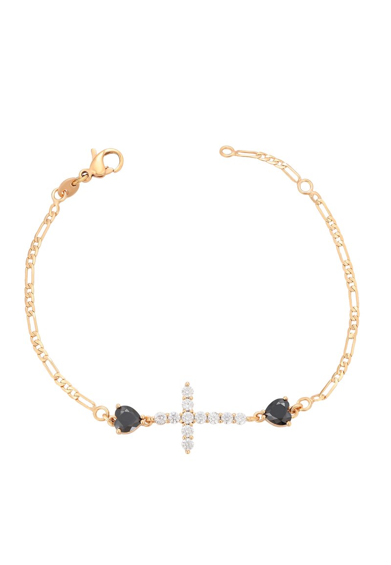 Bracciale in oro con un design a croce impreziosito da gemme trasparenti e nere. La catena è texturizzata con anelli intrecciati.