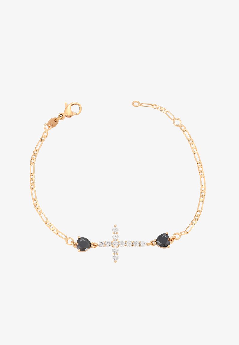 Goldenes Armband mit Kreuzdesign, besetzt mit klaren und schwarzen Edelsteinen. Die Kette ist texturiert mit ineinandergreifenden Gliedern.